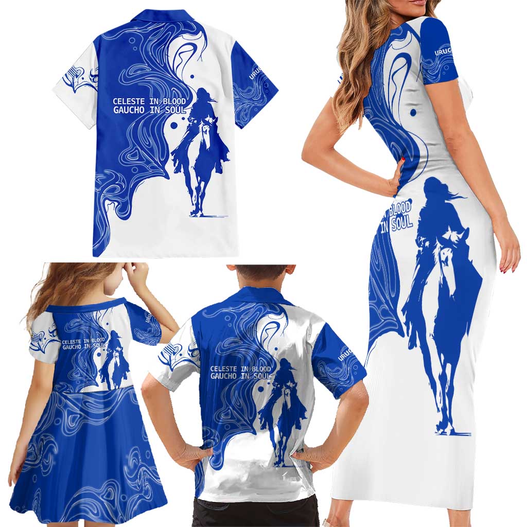 Uruguay Family Matching Short Sleeve Bodycon Dress and Hawaiian Shirt with Gaucho Rider Illustration Blue White Swirl - Wonder Print Shop