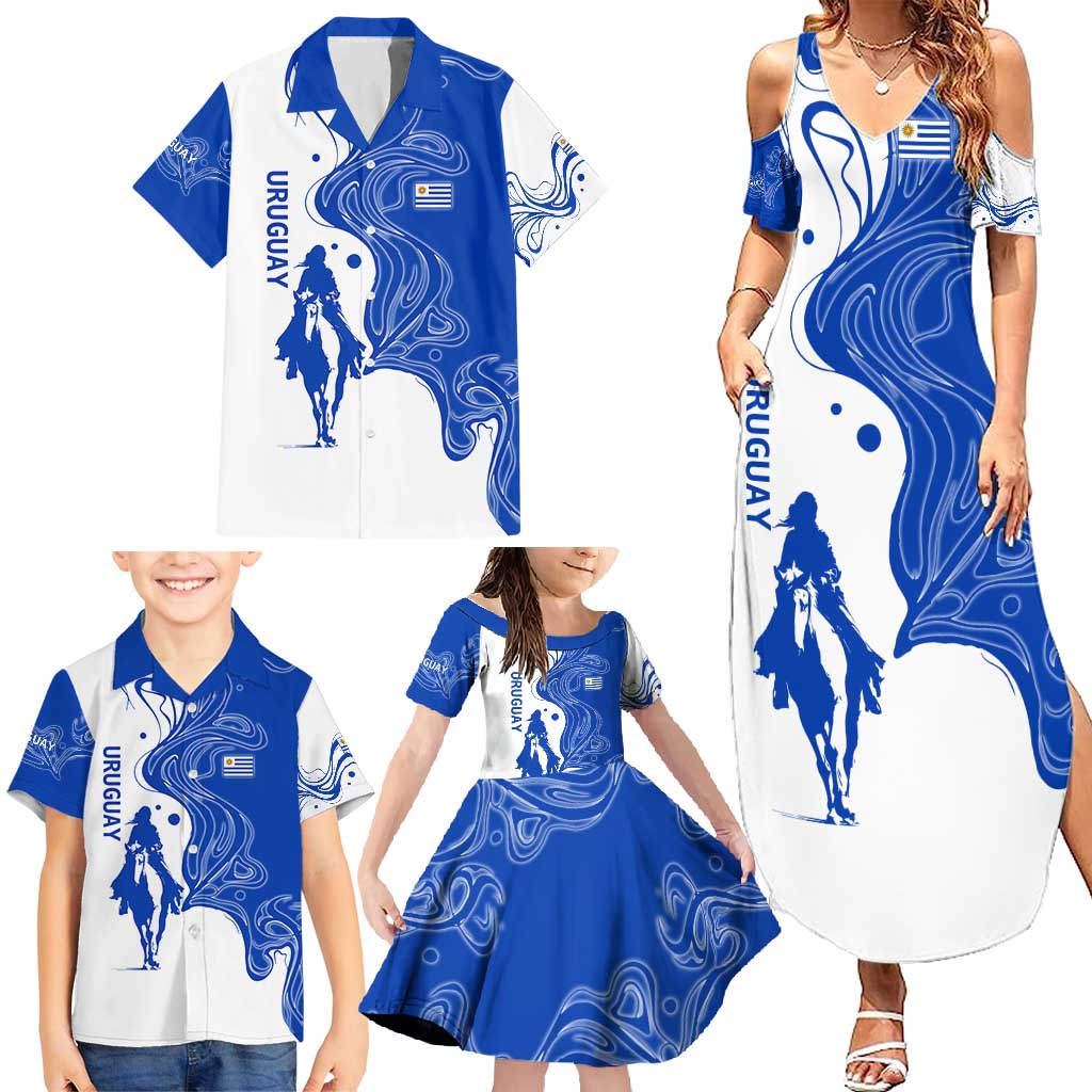 Uruguay Family Matching Summer Maxi Dress and Hawaiian Shirt with Gaucho Rider Illustration Blue White Swirl - Wonder Print Shop