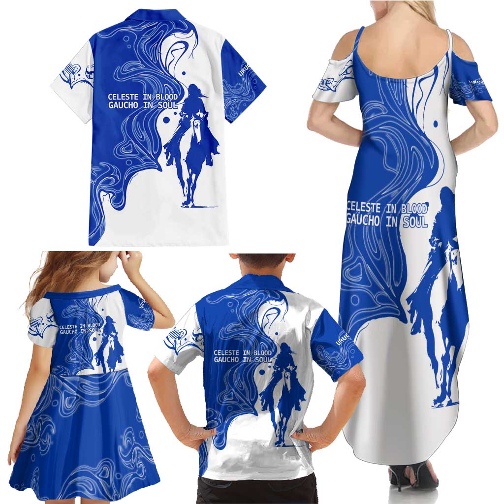 Uruguay Family Matching Summer Maxi Dress and Hawaiian Shirt with Gaucho Rider Illustration Blue White Swirl - Wonder Print Shop