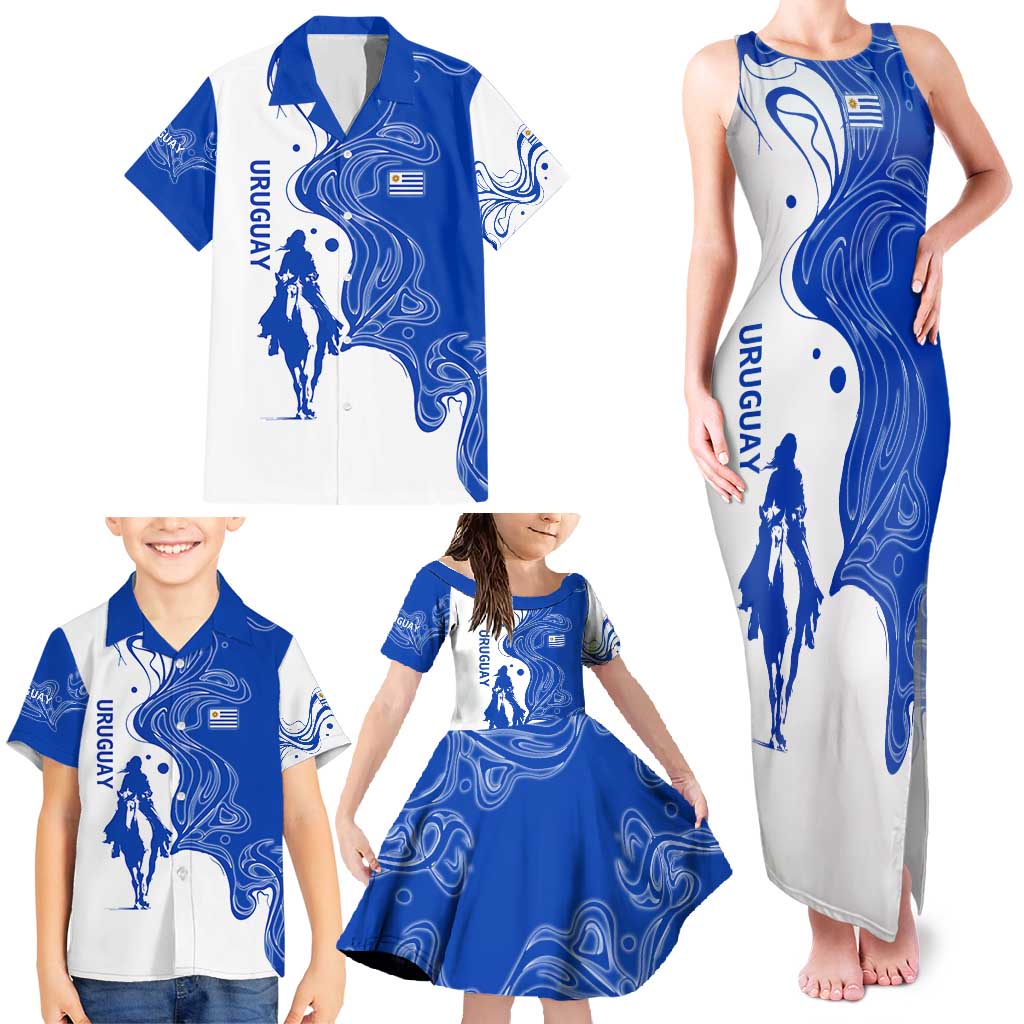 Uruguay Family Matching Tank Maxi Dress and Hawaiian Shirt with Gaucho Rider Illustration Blue White Swirl - Wonder Print Shop