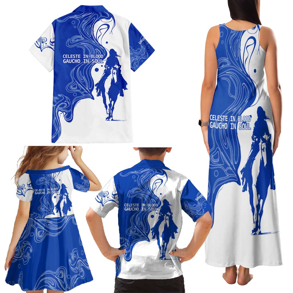 Uruguay Family Matching Tank Maxi Dress and Hawaiian Shirt with Gaucho Rider Illustration Blue White Swirl - Wonder Print Shop