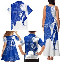 Uruguay Family Matching Tank Maxi Dress and Hawaiian Shirt with Gaucho Rider Illustration Blue White Swirl - Wonder Print Shop
