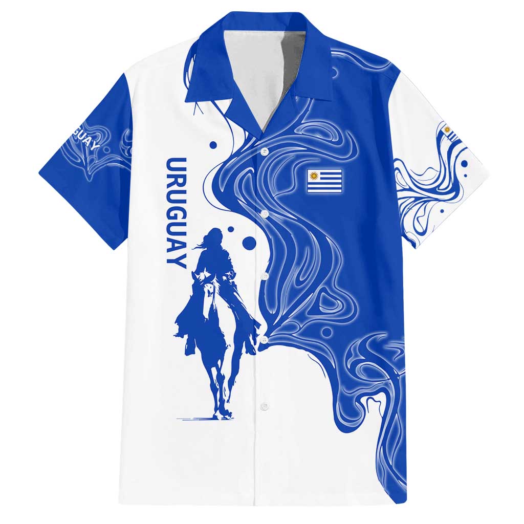 Uruguay Family Matching Tank Maxi Dress and Hawaiian Shirt with Gaucho Rider Illustration Blue White Swirl - Wonder Print Shop
