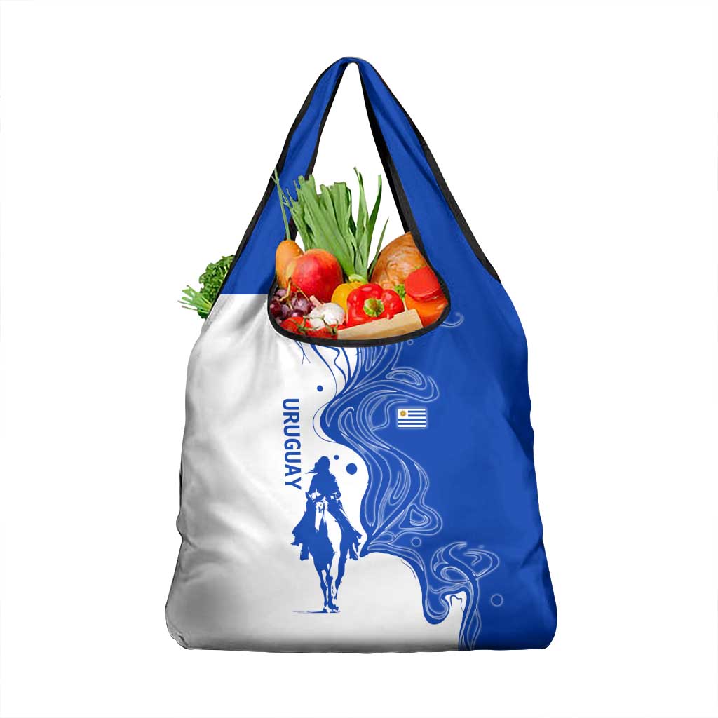 Uruguay Grocery Bag with Gaucho Rider Illustration Blue White Swirl - Wonder Print Shop