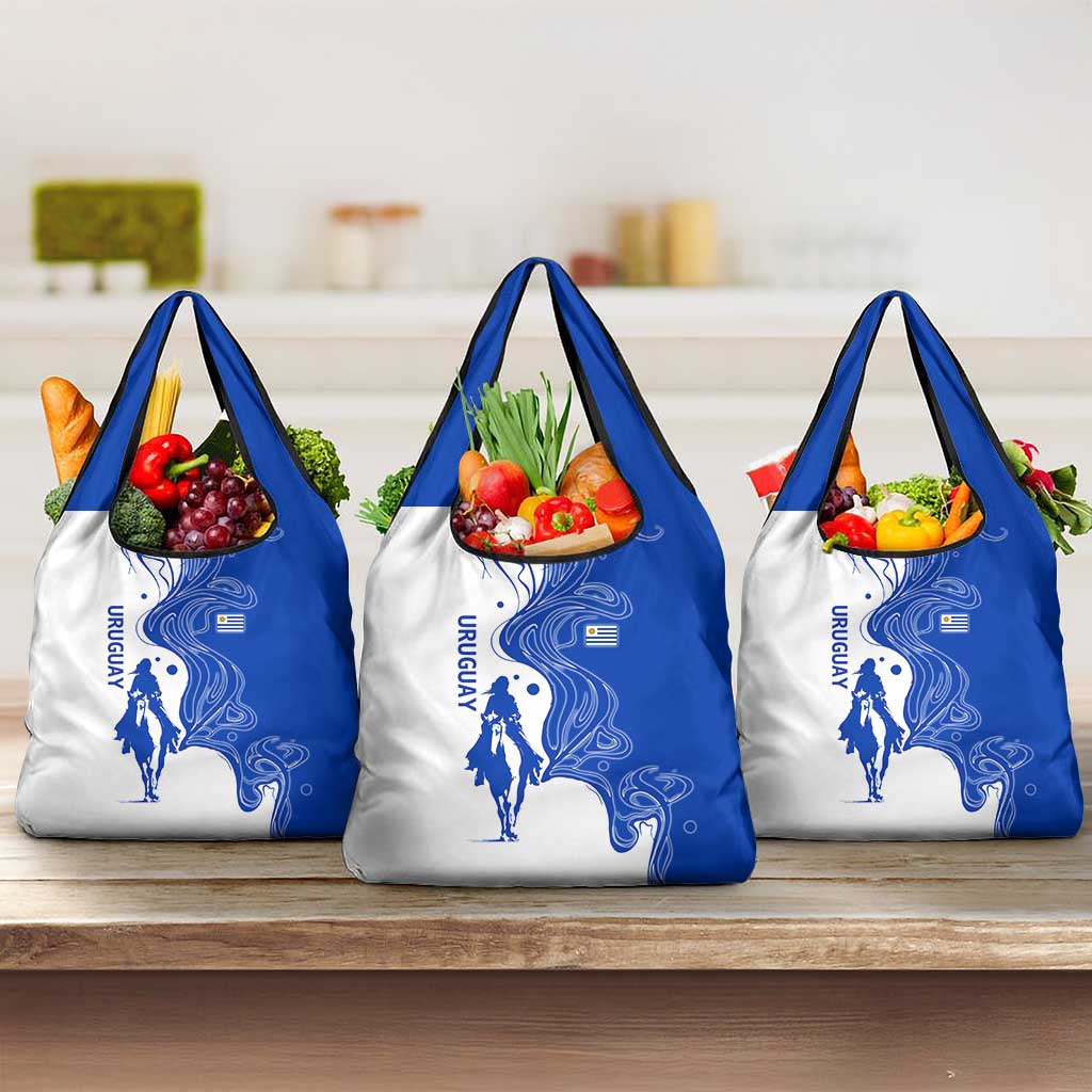 Uruguay Grocery Bag with Gaucho Rider Illustration Blue White Swirl - Wonder Print Shop