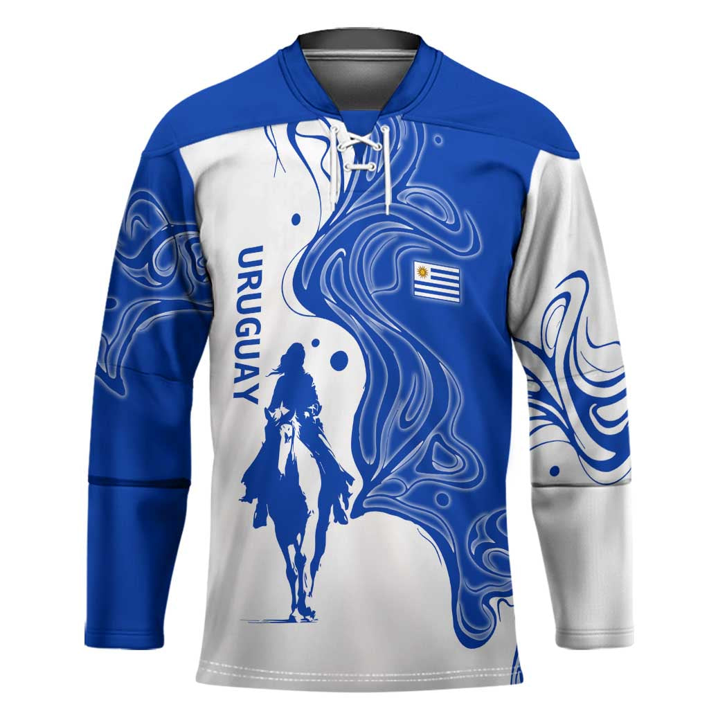 Uruguay Hockey Jersey with Gaucho Rider Illustration Blue White Swirl - Wonder Print Shop