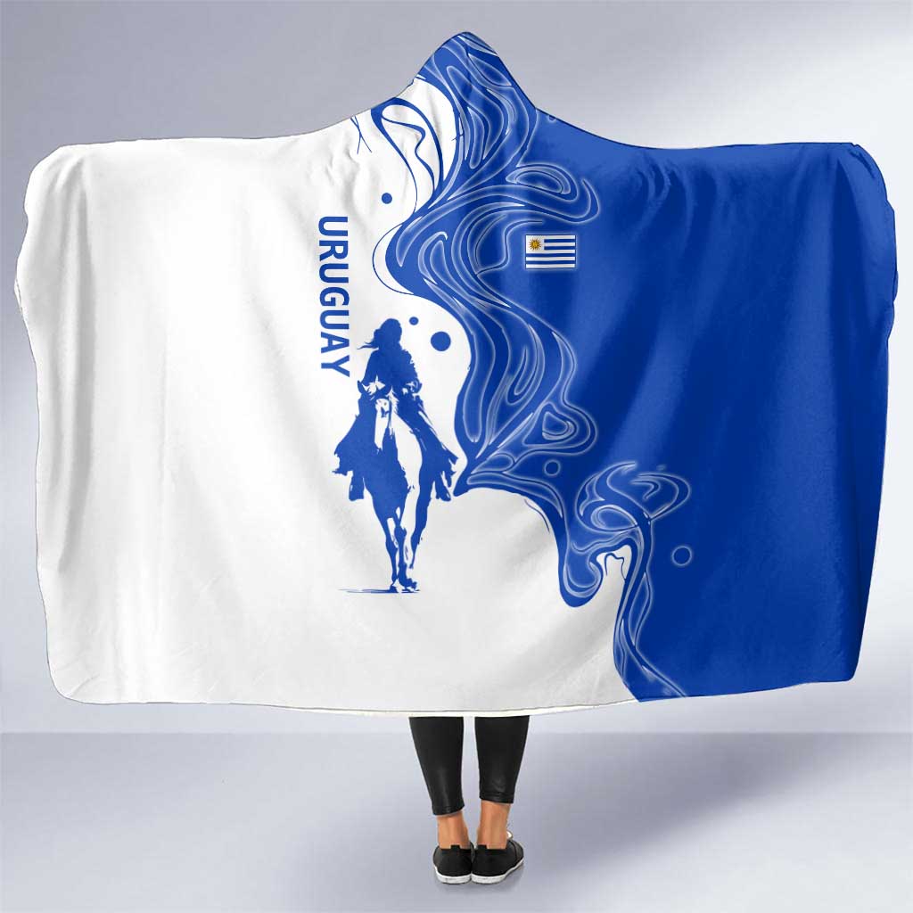 Uruguay Hooded Blanket with Gaucho Rider Illustration Blue White Swirl - Wonder Print Shop