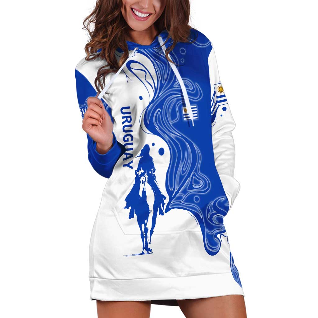 Uruguay Hoodie Dress with Gaucho Rider Illustration Blue White Swirl - Wonder Print Shop