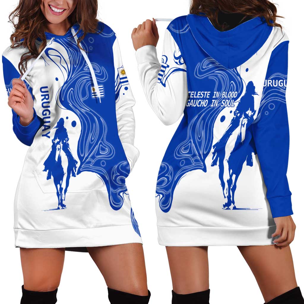 Uruguay Hoodie Dress with Gaucho Rider Illustration Blue White Swirl - Wonder Print Shop