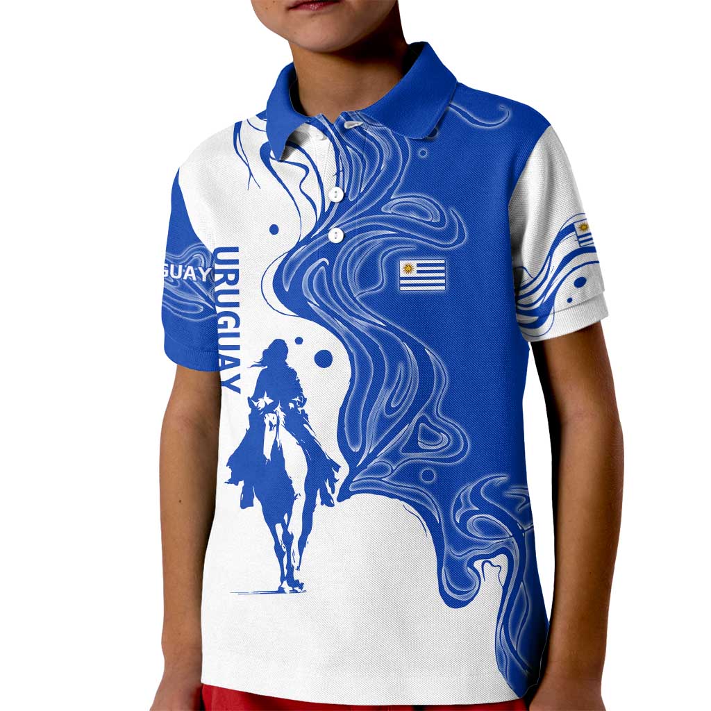 Uruguay Kid Polo Shirt with Gaucho Rider Illustration Blue White Swirl - Wonder Print Shop