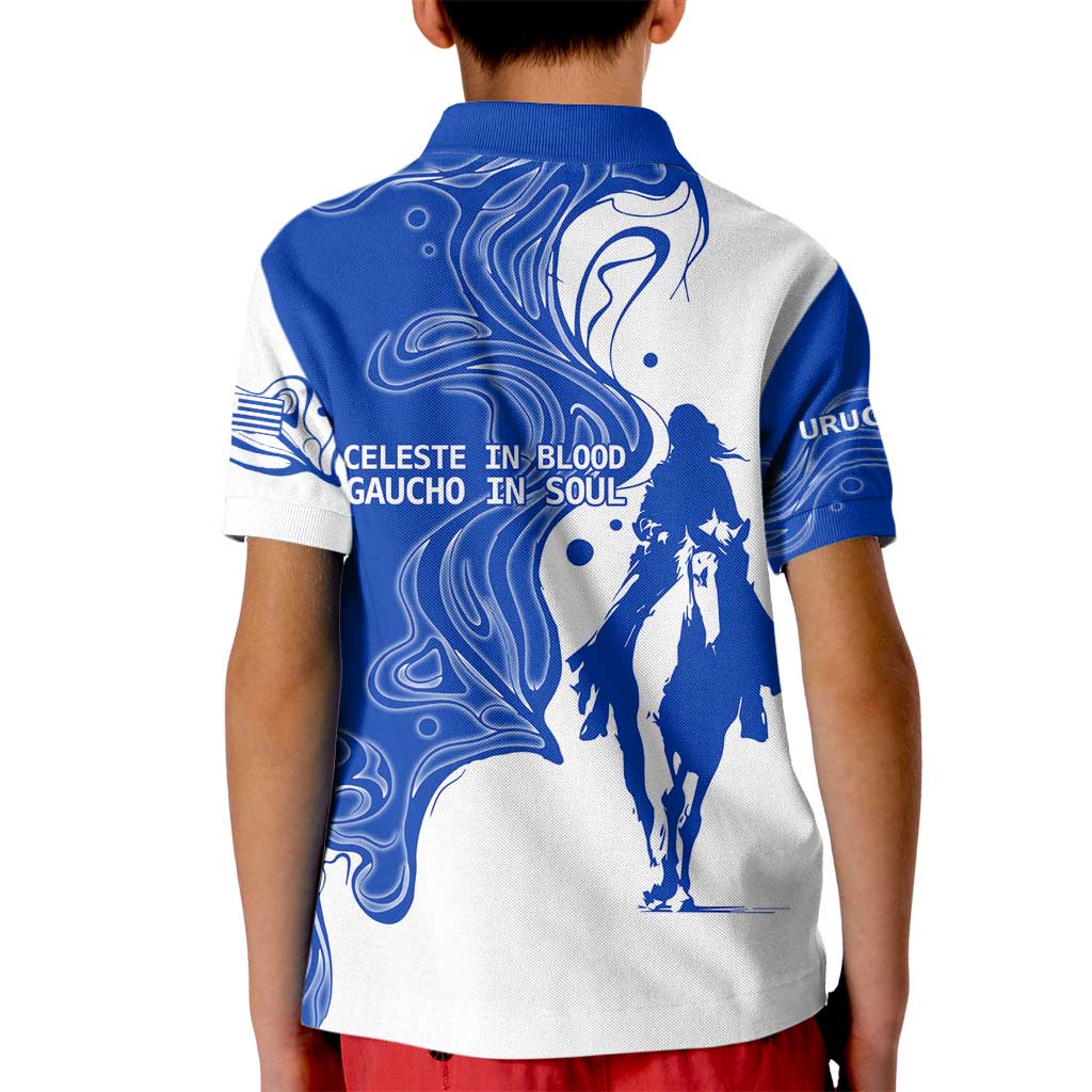 Uruguay Kid Polo Shirt with Gaucho Rider Illustration Blue White Swirl - Wonder Print Shop
