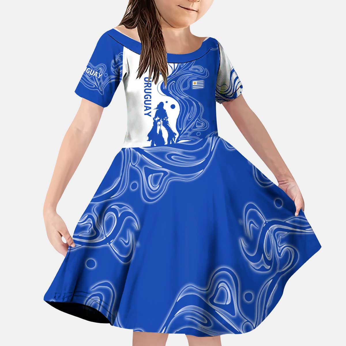 Uruguay Kid Short Sleeve Dress with Gaucho Rider Illustration Blue White Swirl - Wonder Print Shop