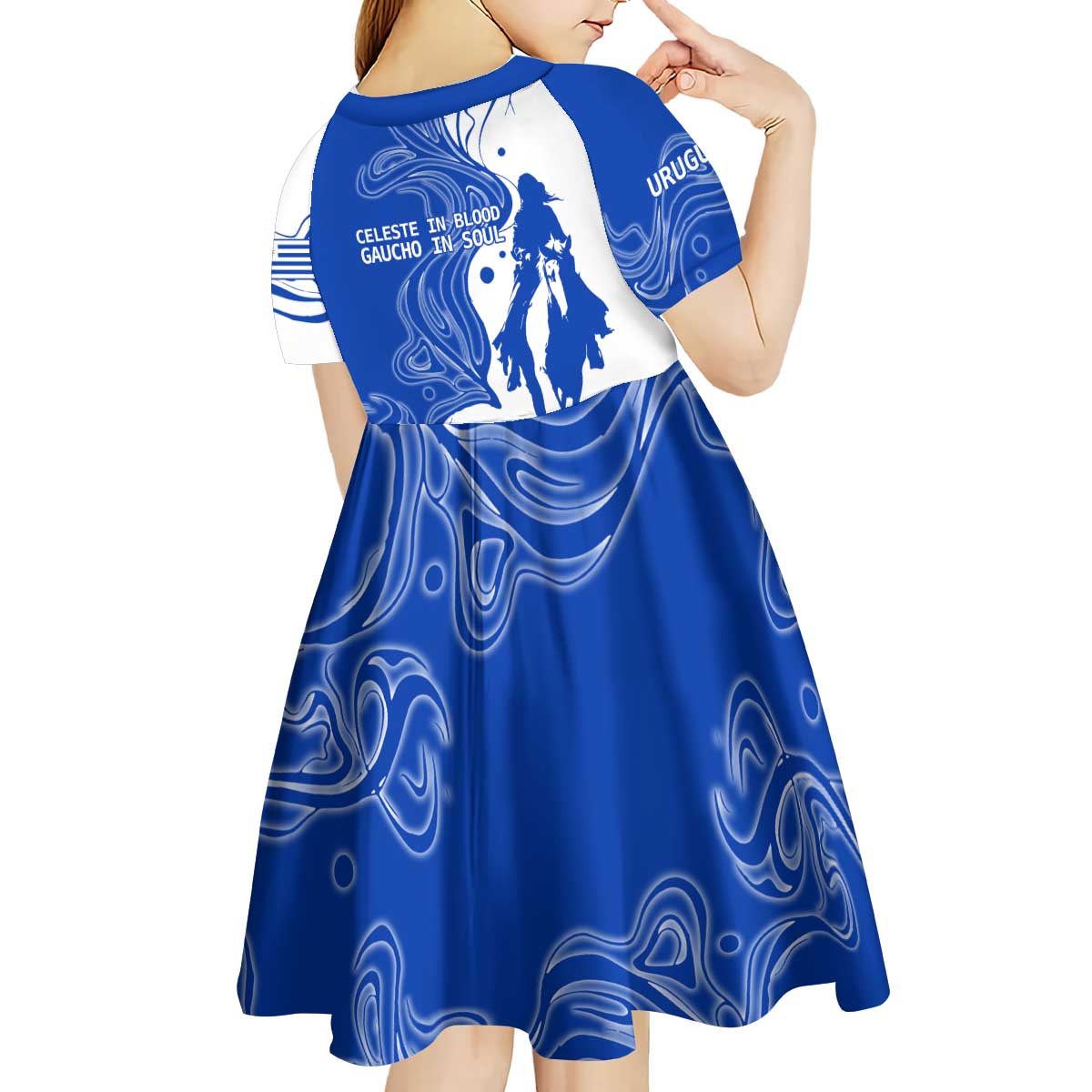 Uruguay Kid Short Sleeve Dress with Gaucho Rider Illustration Blue White Swirl - Wonder Print Shop