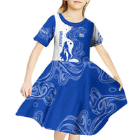 Uruguay Kid Short Sleeve Dress with Gaucho Rider Illustration Blue White Swirl - Wonder Print Shop