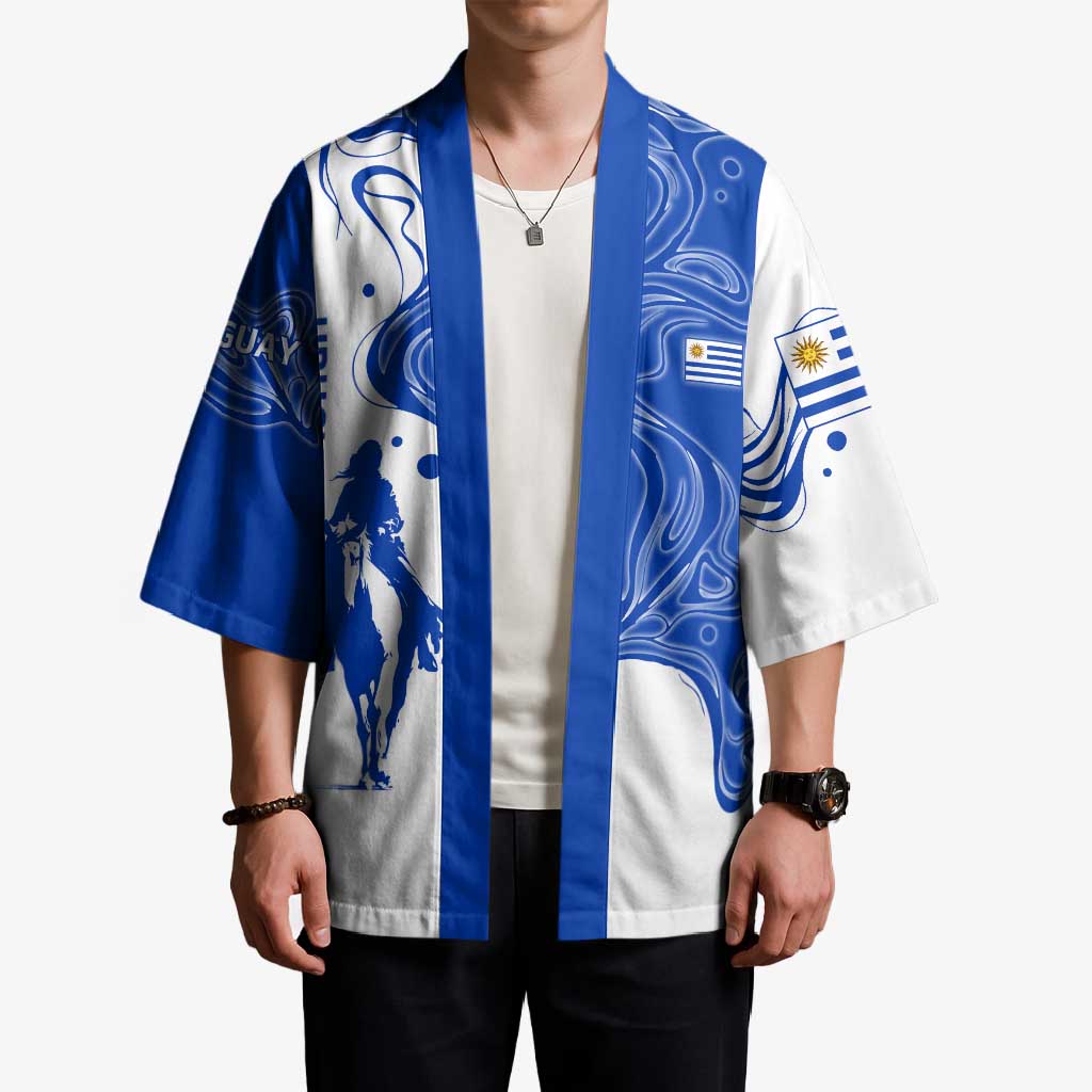 Uruguay Kimono with Gaucho Rider Illustration Blue White Swirl - Wonder Print Shop