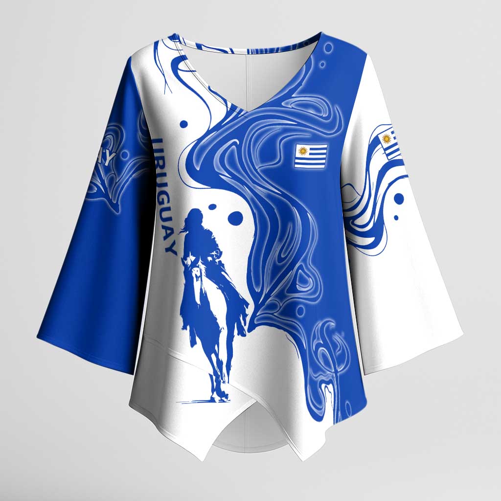 Uruguay Kimono Sleeve Blouse with Gaucho Rider Illustration Blue White Swirl - Wonder Print Shop