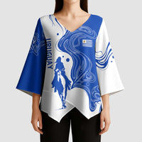 Uruguay Kimono Sleeve Blouse with Gaucho Rider Illustration Blue White Swirl - Wonder Print Shop