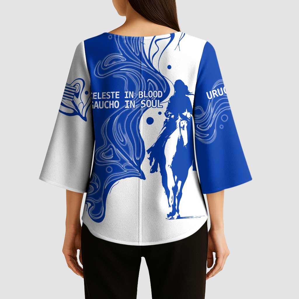 Uruguay Kimono Sleeve Blouse with Gaucho Rider Illustration Blue White Swirl - Wonder Print Shop