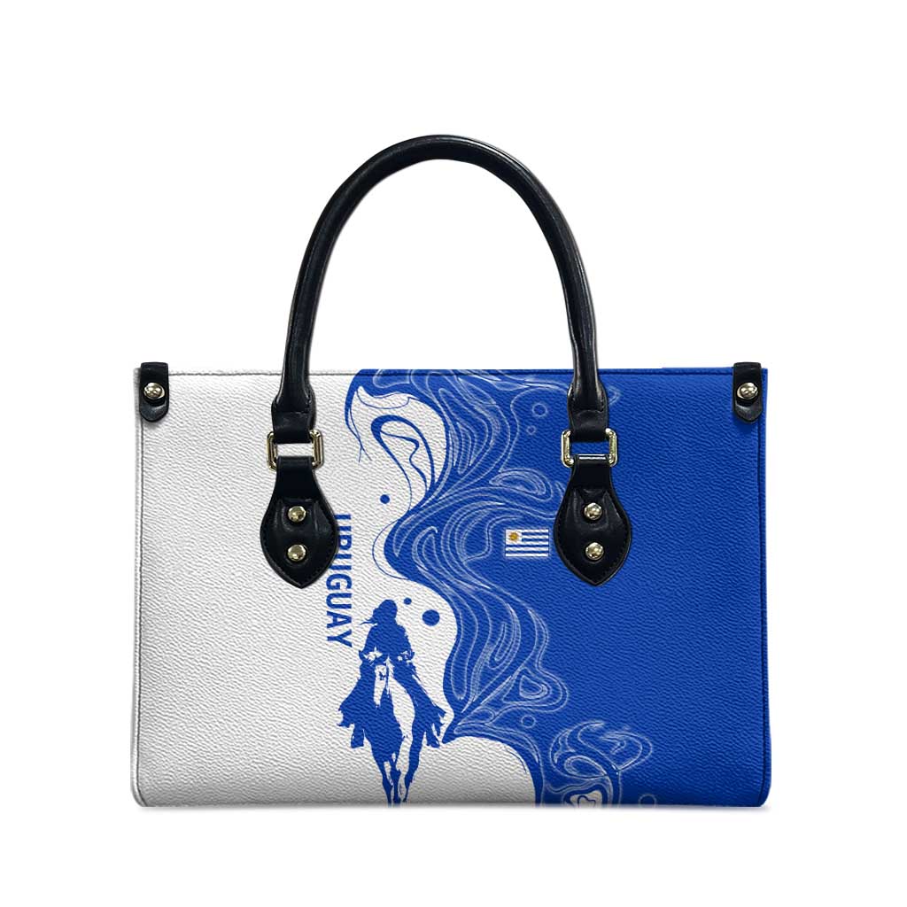 Uruguay Leather Bag with Gaucho Rider Illustration Blue White Swirl - Wonder Print Shop
