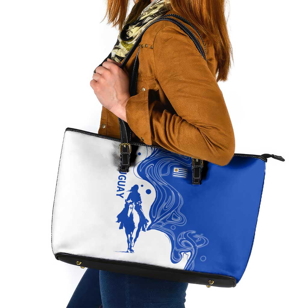 Uruguay Leather Tote Bag with Gaucho Rider Illustration Blue White Swirl - Wonder Print Shop