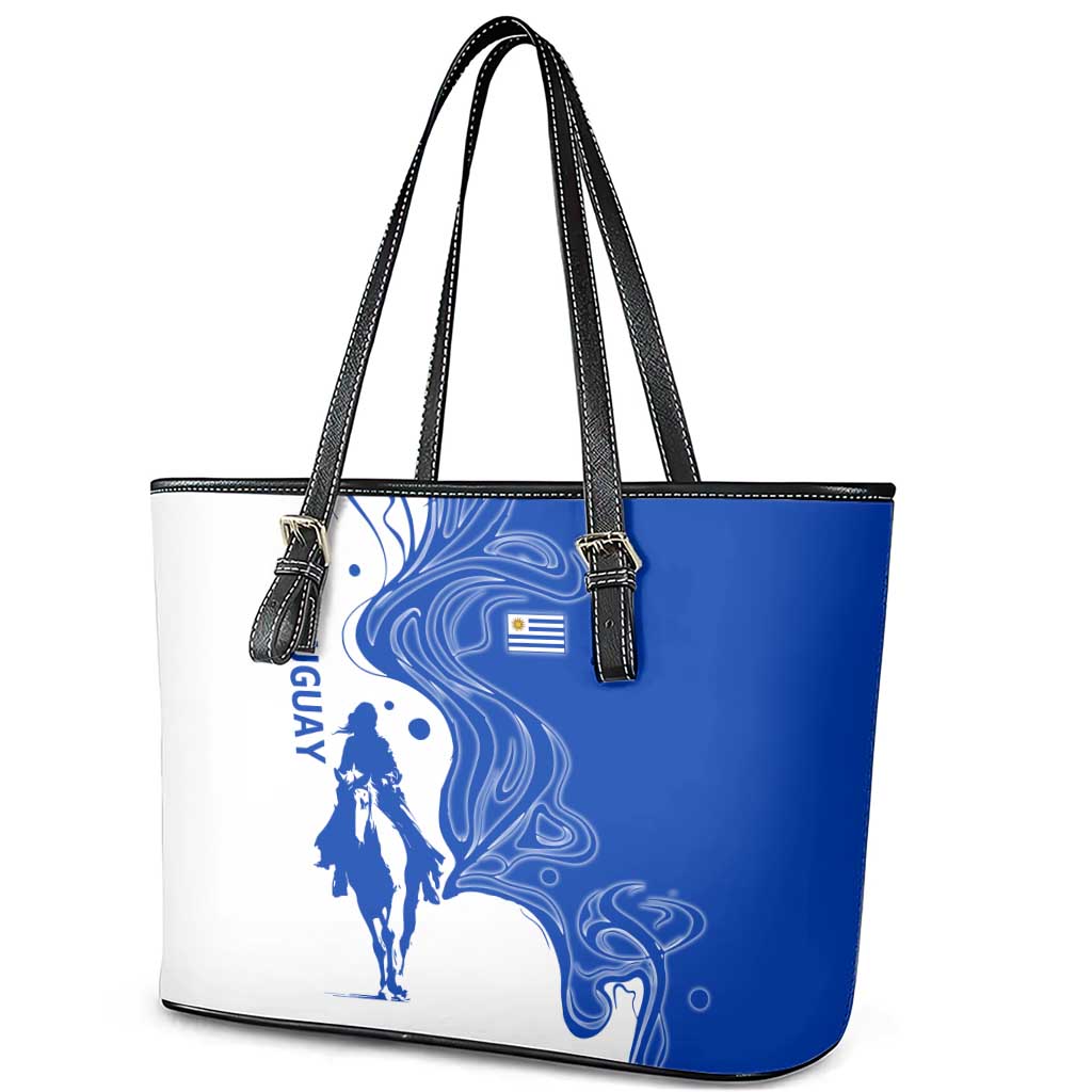 Uruguay Leather Tote Bag with Gaucho Rider Illustration Blue White Swirl - Wonder Print Shop
