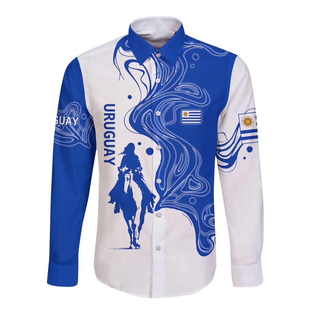 Uruguay Long Sleeve Button Shirt with Gaucho Rider Illustration Blue White Swirl - Wonder Print Shop