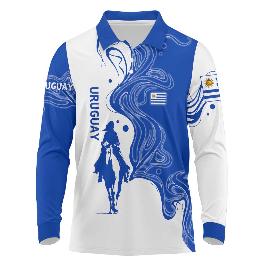 Uruguay Long Sleeve Polo Shirt with Gaucho Rider Illustration Blue White Swirl - Wonder Print Shop