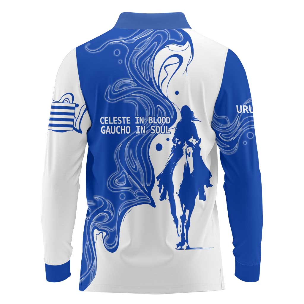 Uruguay Long Sleeve Polo Shirt with Gaucho Rider Illustration Blue White Swirl - Wonder Print Shop