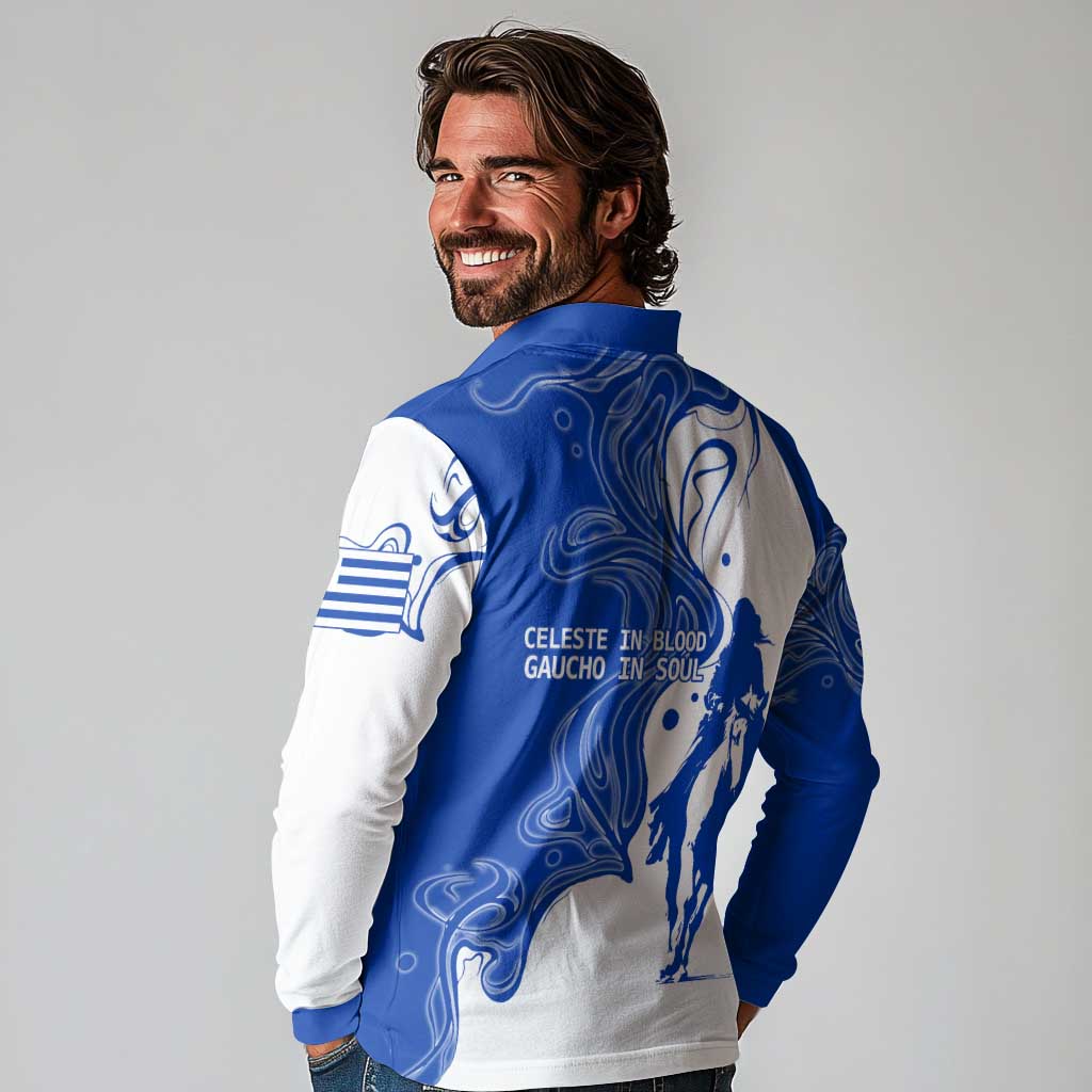 Uruguay Long Sleeve Polo Shirt with Gaucho Rider Illustration Blue White Swirl - Wonder Print Shop