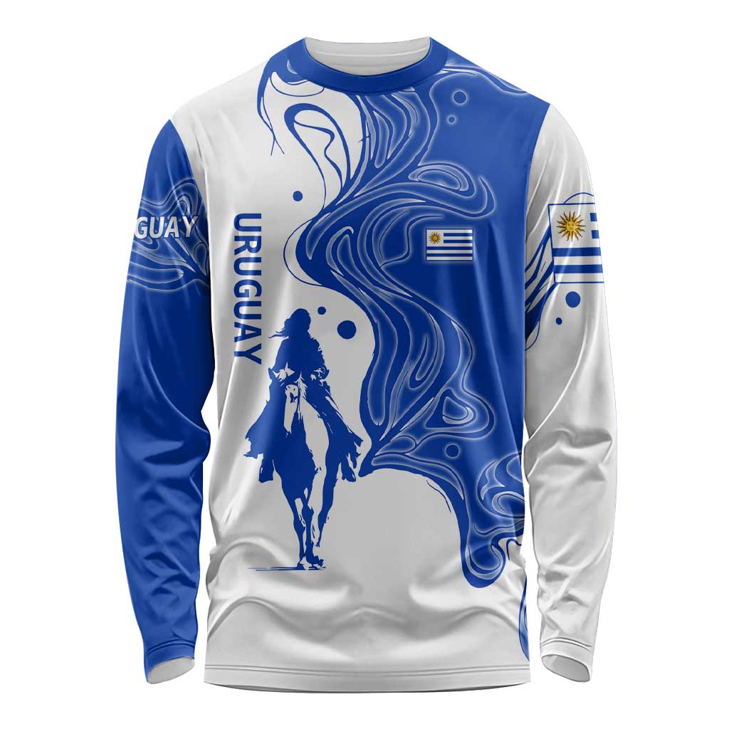 Uruguay Long Sleeve Shirt with Gaucho Rider Illustration Blue White Swirl - Wonder Print Shop