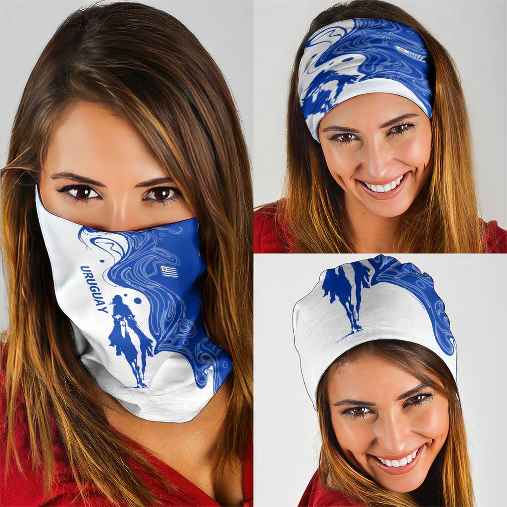 Uruguay Neck Gaiter with Gaucho Rider Illustration Blue White Swirl - Wonder Print Shop