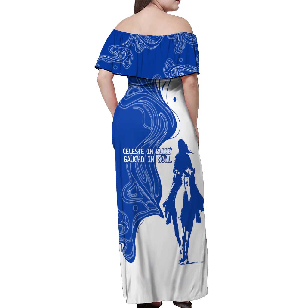 Uruguay Off Shoulder Maxi Dress with Gaucho Rider Illustration Blue White Swirl - Wonder Print Shop