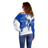 Uruguay Off Shoulder Sweater with Gaucho Rider Illustration Blue White Swirl - Wonder Print Shop