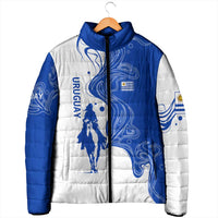 Uruguay Padded Jacket with Gaucho Rider Illustration Blue White Swirl - Wonder Print Shop