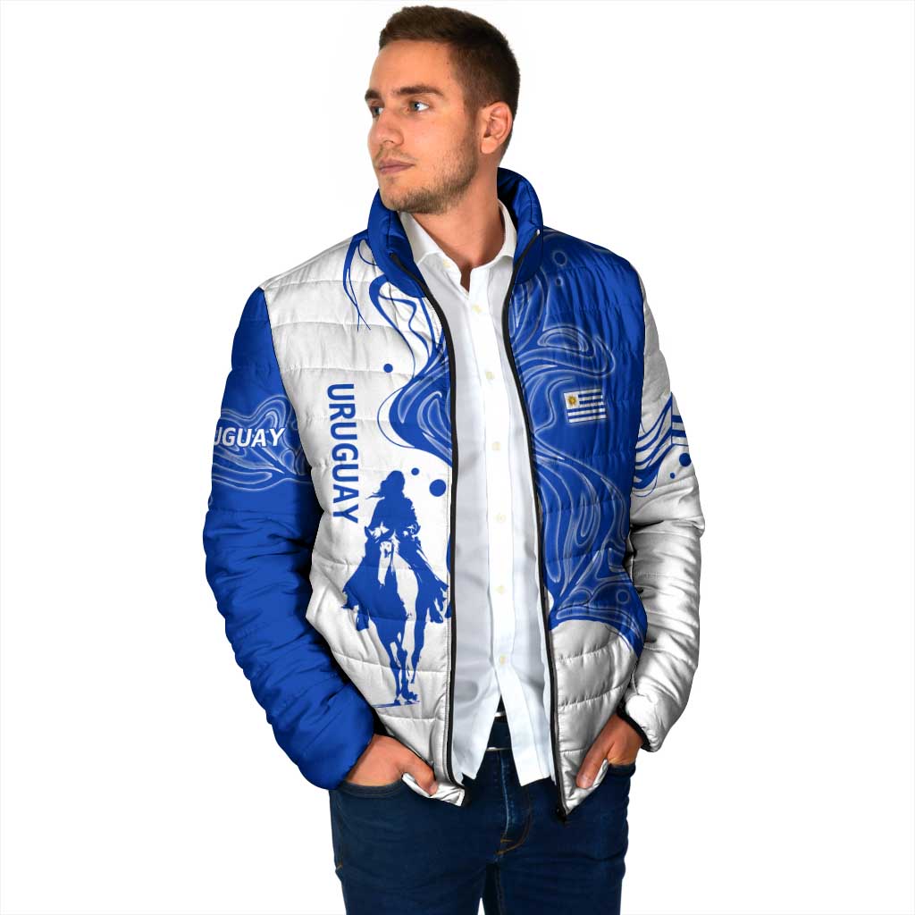 Uruguay Padded Jacket with Gaucho Rider Illustration Blue White Swirl - Wonder Print Shop