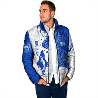 Uruguay Padded Jacket with Gaucho Rider Illustration Blue White Swirl - Wonder Print Shop