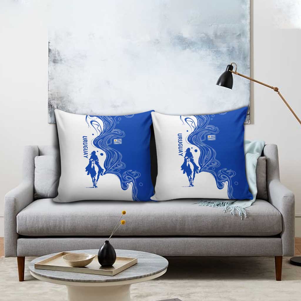 Uruguay Pillow Cover with Gaucho Rider Illustration Blue White Swirl - Wonder Print Shop