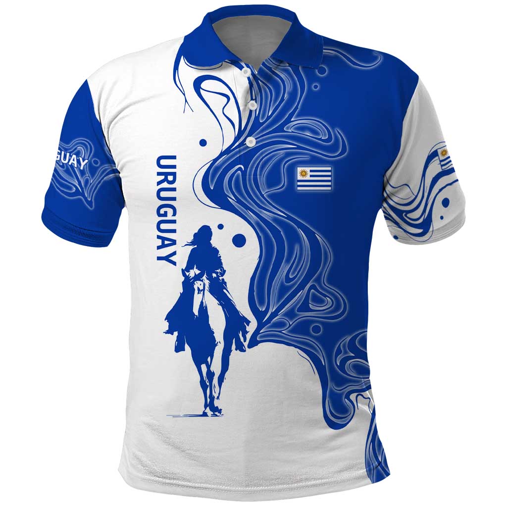 Uruguay Polo Shirt with Gaucho Rider Illustration Blue White Swirl - Wonder Print Shop