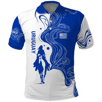 Uruguay Polo Shirt with Gaucho Rider Illustration Blue White Swirl - Wonder Print Shop