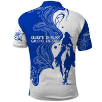 Uruguay Polo Shirt with Gaucho Rider Illustration Blue White Swirl - Wonder Print Shop