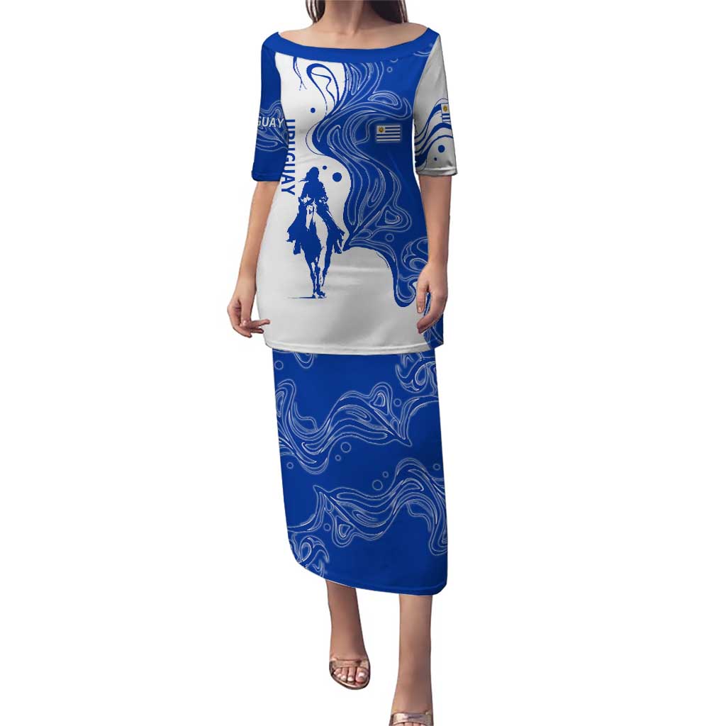 Uruguay Puletasi with Gaucho Rider Illustration Blue White Swirl - Wonder Print Shop