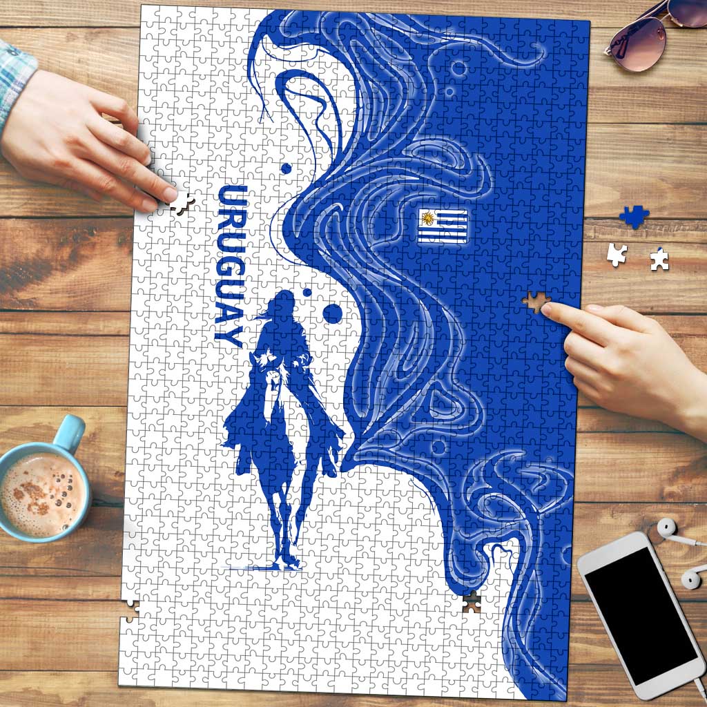 Uruguay Puzzle with Gaucho Rider Illustration Blue White Swirl - Wonder Print Shop