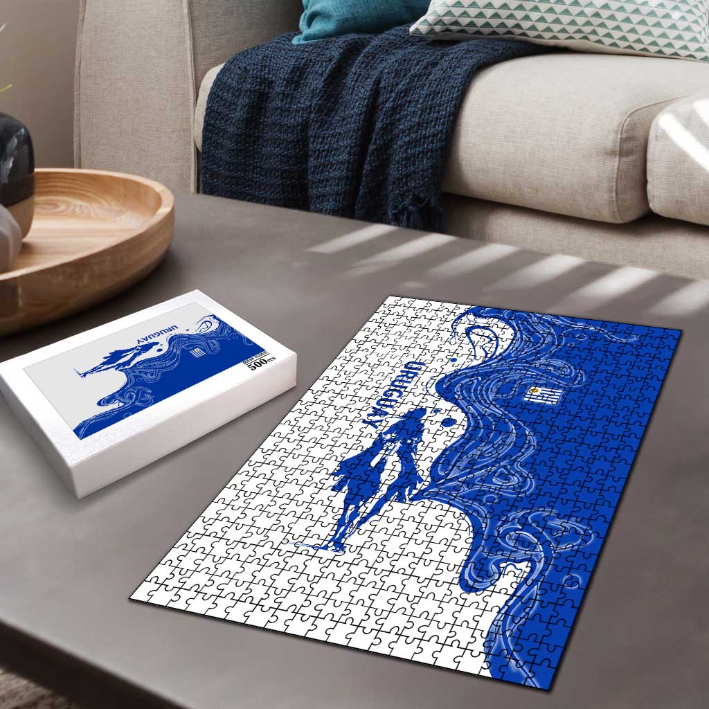 Uruguay Puzzle with Gaucho Rider Illustration Blue White Swirl - Wonder Print Shop