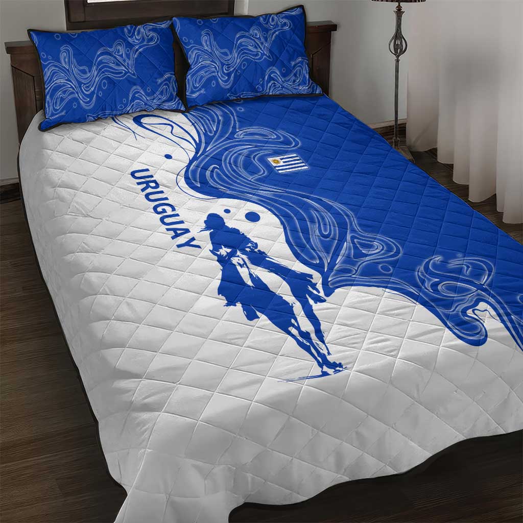Uruguay Quilt Bed Set with Gaucho Rider Illustration Blue White Swirl - Wonder Print Shop