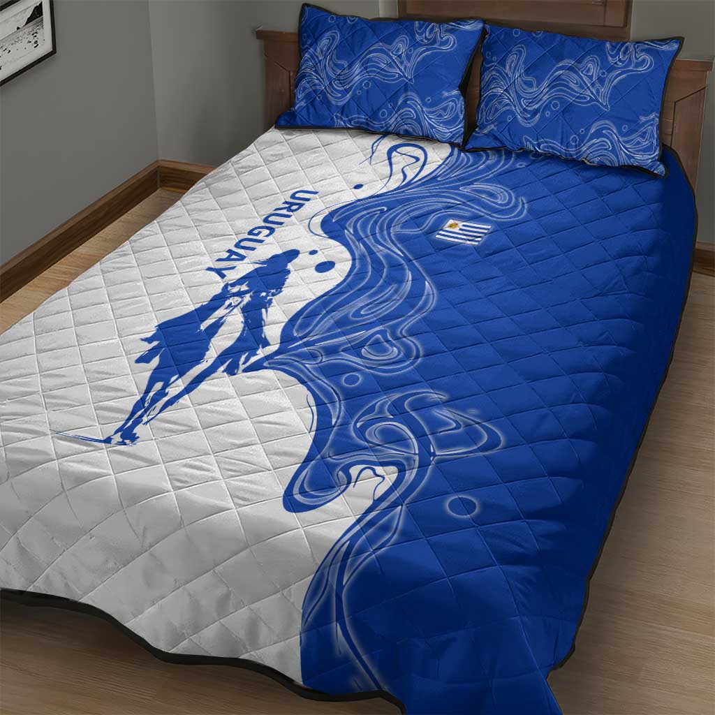 Uruguay Quilt Bed Set with Gaucho Rider Illustration Blue White Swirl - Wonder Print Shop
