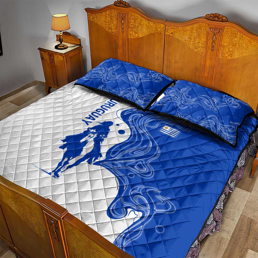 Uruguay Quilt Bed Set with Gaucho Rider Illustration Blue White Swirl - Wonder Print Shop