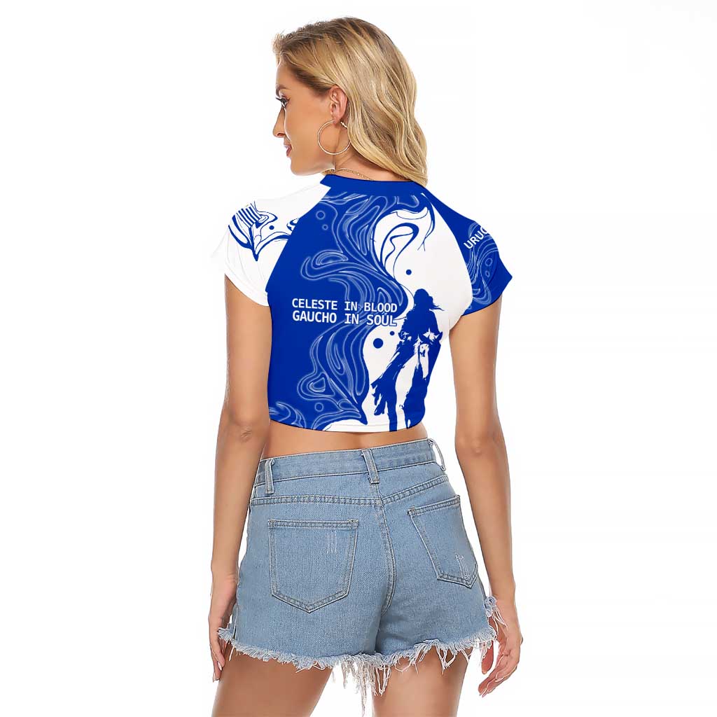 Uruguay Raglan Cropped T Shirt with Gaucho Rider Illustration Blue White Swirl - Wonder Print Shop