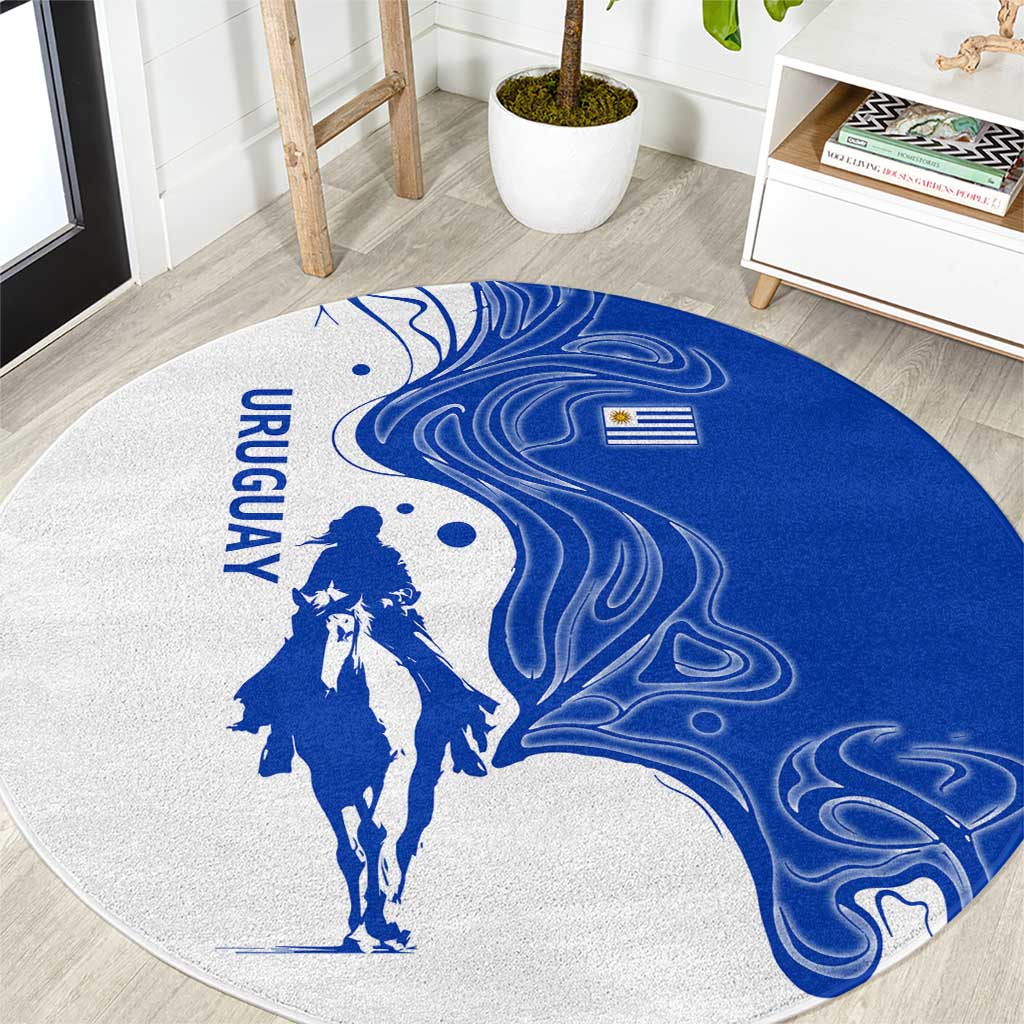 Uruguay Round Carpet with Gaucho Rider Illustration Blue White Swirl - Wonder Print Shop