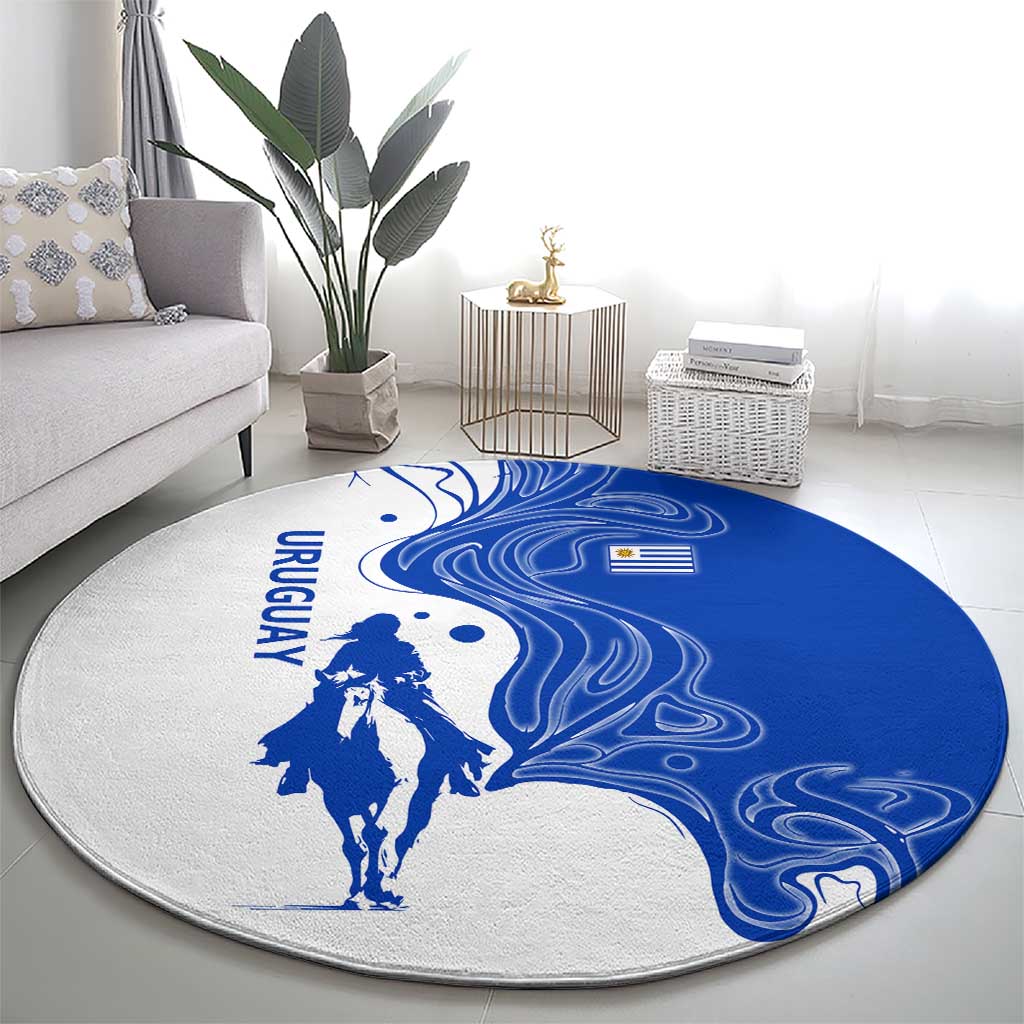 Uruguay Round Carpet with Gaucho Rider Illustration Blue White Swirl - Wonder Print Shop
