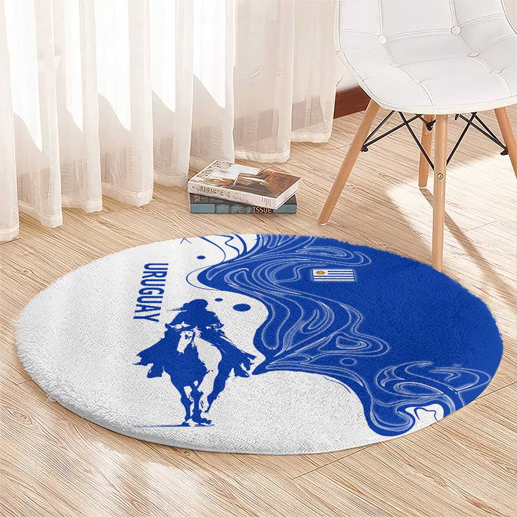 Uruguay Round Carpet with Gaucho Rider Illustration Blue White Swirl - Wonder Print Shop